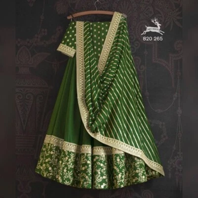 MALAY SATIN SILK MEHENDI GREEN LEHENGA CHOLI WITH NET DUPATTA FOR WEDDING WEAR - Image 1 of 4