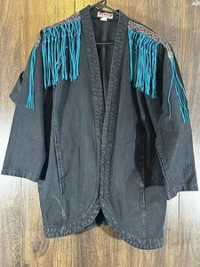 VTG Wanted By Beads Beautiful Embellished Black Denim Duster Jacket Western - Picture 1 of 16
