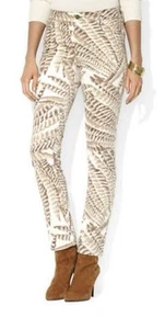 Ralph Lauren Pants Women 10 Cream Brown Feather Print Slim Fit Southwest Soft - Picture 1 of 9