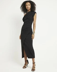 River Island Womens Bodycon Midi Dress Black Drape Off Shoulder Short Sleeve - Picture 1 of 11