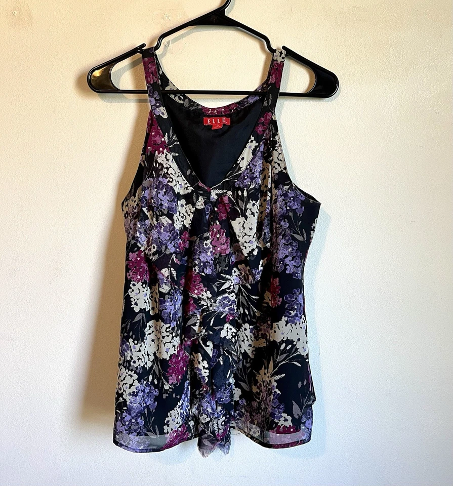 Elle Floral Print Tank Top sleeveless Ruffle front Blouse Size M - Image 1 of 4