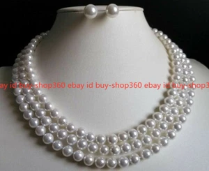 3 Rows 8mm White Shell Pearl (not Pearl)Necklace Earrings Set 18-20'' - Picture 1 of 12