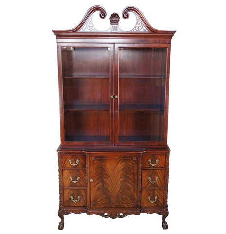 Antique Finch Georgian Chippendale Flame Mahogany China Display Cabinet Bookcase Cover