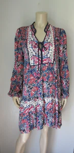 ANTHROPOLOGIE Blue Motif Long Sleeve Large V-Neck Tie Closure Short NWT Dress - Picture 1 of 7