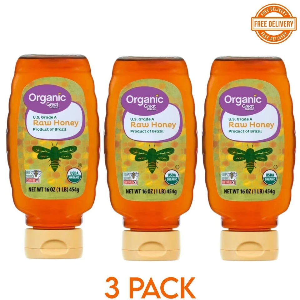 Great Value Organic Strained Raw Honey, Gluten Free, 16 oz Plastic Bottle,3 Pack - Image 1 of 1