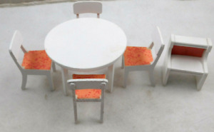 Vintage Lundby Dollhouse  White Painted Wood Dining Room Table And Chairs Set