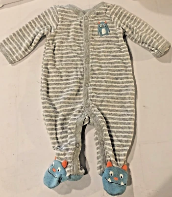 Terry bodysuit stripe Baby boy new B5  B4 9 months Carters Monster feet Pajamas - Image 1 of 4