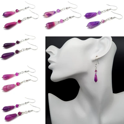 Earrings Purple Agate Teardrop Beaded Gemstone Dangle Drop Sterling Silver Hooks - Изображение 1 из 4