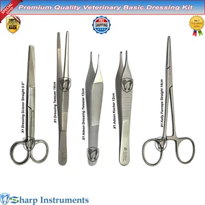 Basic Veterinary Dressing Instruments Kit Scissor, Plier, Forceps Kocher Set CE - Picture 1 of 10