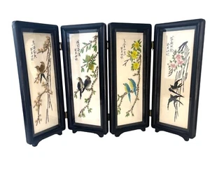 Japanese Asian 4 Panel Folding Screen Art Table Top Wall Hanging Shell Art Birds - Picture 1 of 11