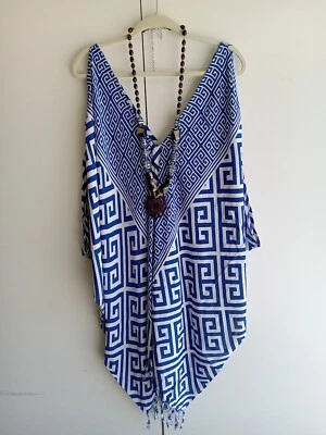 NWT BALI QUEEN Blue & White "Cold Shoulder"  Rayon Top Hawaiian BOHO   "OS" - Изображение 1 из 4