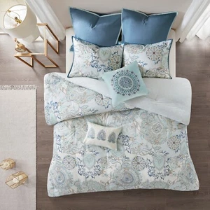 Madison Park 3 Piece Cotton Floral Printed Reversible Duvet Cover Set Queen King - Picture 1 of 28