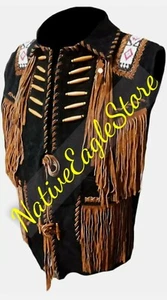 Para Hombres Ropa Occidental Vaquero Negro Gamuza Cuero con Cuentas Chaleco Marrón Flecos Huesos NV22 - Imagen 1 de 5