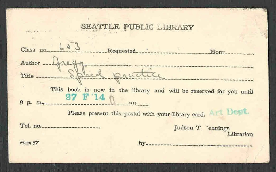 DATED 1944 PC SEATTLE LIBRARY CARD W/PANAMA PACIFIC CANCEL - Image 1 of 1