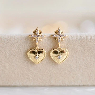 Pendientes colgantes Starlight Love oro estrella y corazón plata de ley 925 Foto 1 de 4