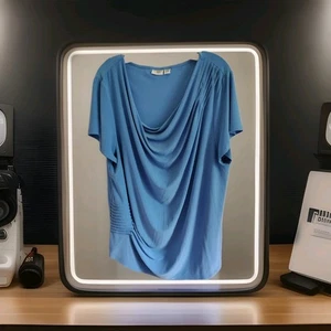 CATO Woman Blue Drape Neck Ruched Side Pleated Stretch Knit Top Plus Size 22/24W - Picture 1 of 8