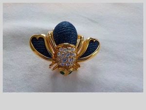 Joan Rivers Tono Dorado Azul Denim Abeja Pin Cabeza de Cristal Azul Cuerpo y Alas 1.5" - Imagen 1 de 7