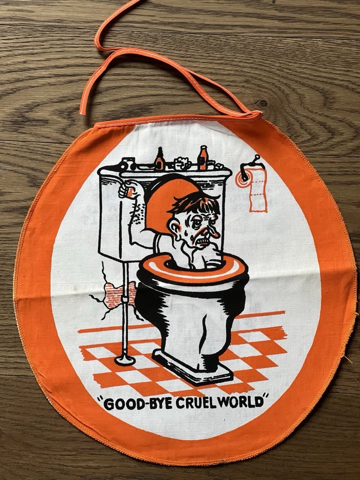 Vtg NOS 50s GOOD BYE CRUEL WORLD Orange Toilet Seat Cover Novelty “Royal Flush” - Image 1 of 4