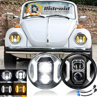 Pair 7" inch Round LED Headlights Turn Signal DRL Lamp For 1950-1979 VW Beetle Foto 1 de 4