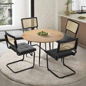 Oikiture 110cm Round Dining Table with 4PCS Dining Chairs Leather Padded Black - Picture 1 of 10