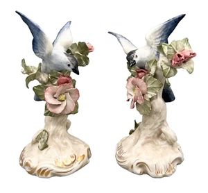 Pair Vintage English Copeland Porcelain Bird Figurines Bluebirds w Pink Flowers - Picture 1 of 14