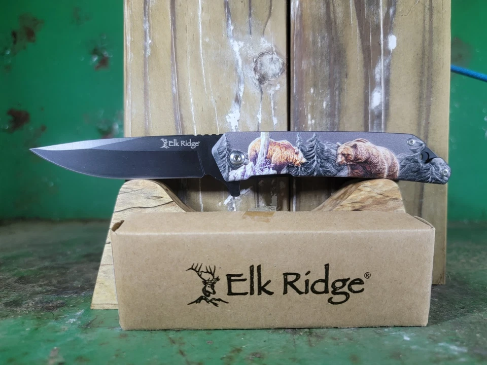 Elk Ridge Linerlock 折叠刀 3.5 不锈钢刀片灰熊手柄 — 第 1/4 张图片