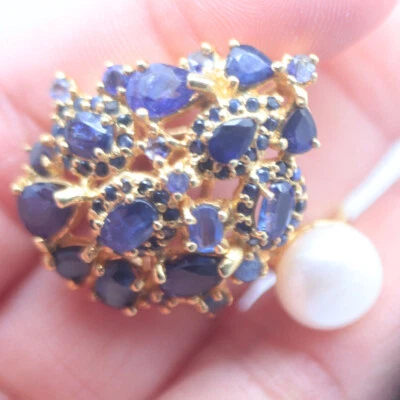 Edelstein Weiße Perle & Blau Saphir Ring 925 Sterlingsilber Größe 7.25 - Bild 1 von 4