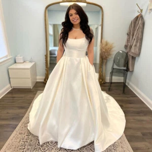 Simple Satin Wedding Dresses Square Neck Backless Buttons Pockets Bridal Gowns - Picture 1 of 6