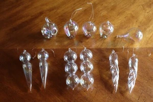 Lot 11 Handblown Clear Thin Glass Iridescent Christmas Tree Ornament Icicle Ball - Picture 1 of 12