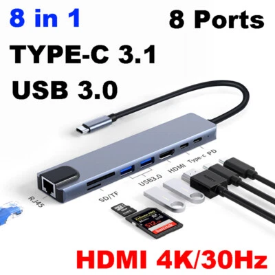 8-in-1 Multiport Adapter RJ45 USB3.0 USB PD SD/TF Type-C To HDMI 87W HUB 4K - Image 1 of 4
