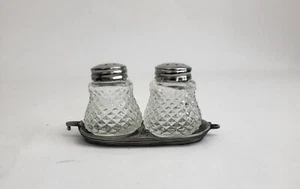 Small 1.25 " Vintage Cut Glass Salt and Pepper Shakers with Silver Tone Tray - Picture 1 of 7