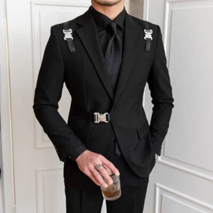 Men's Jacket Slim Fashion Black Suit Formal Business Wedding Party Banquet - Picture 1 of 12