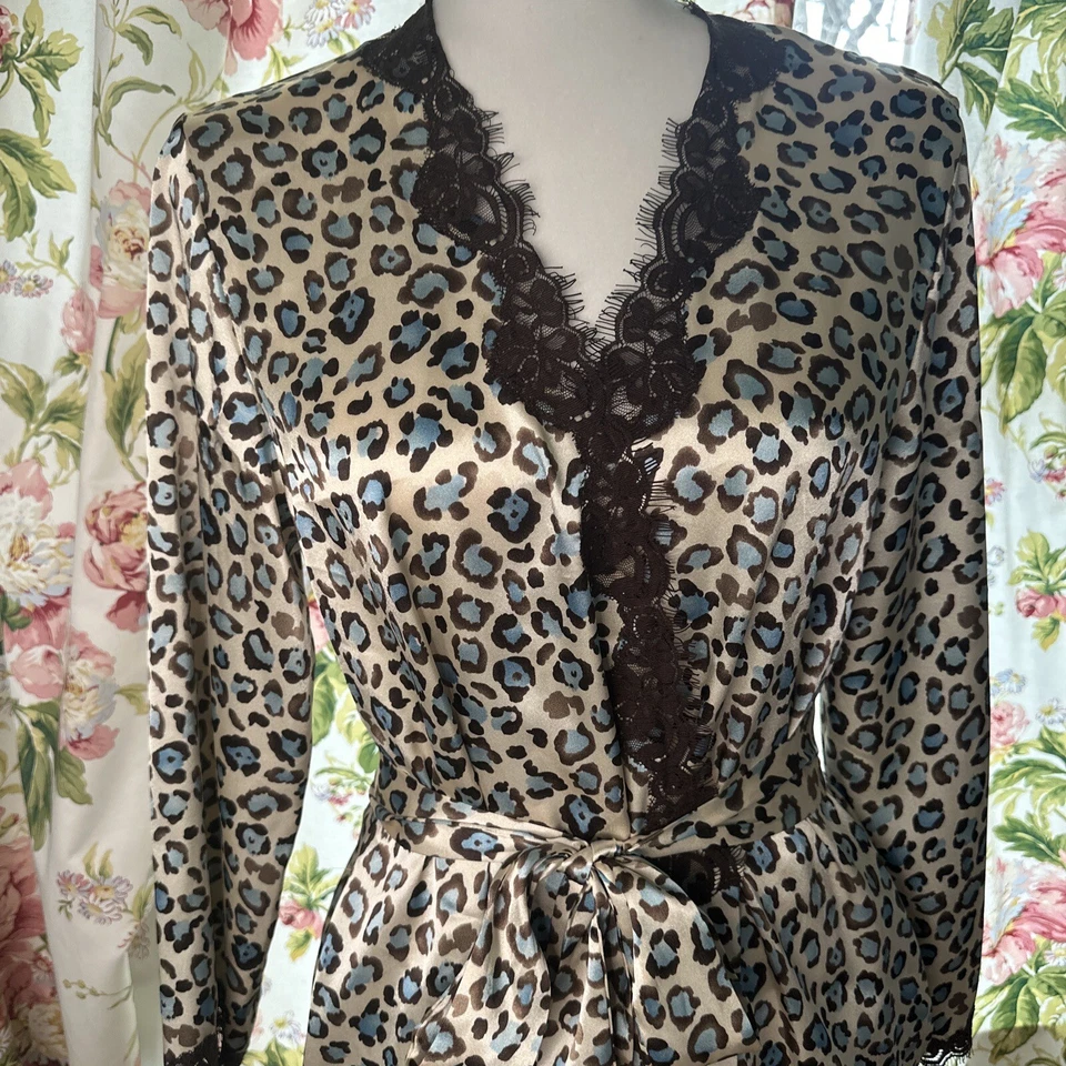 Morgan Taylor халат кружева атласный короткий гепард печать синий коричневый S прикрепленный ремень - Изображение 1 из 4