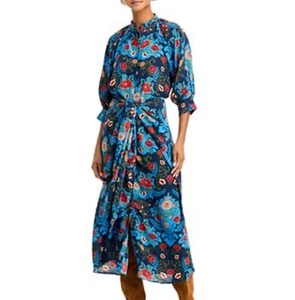 FARM RIO Women’s Arabesque Floral Midi Dress Small Puff Sleeve Pockets Button Up - Picture 1 of 10