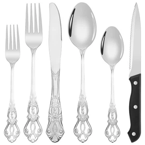 24 Pieces Silverware Set for 4, Retro Royal Flatware Set with Steak Knives, G... - Picture 1 of 7