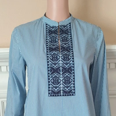 Chaps Embroidered Stripe Tunic Top PM Blue White Long Sleeve Scoop Hem Blouse - Image 1 of 4