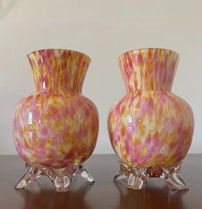 Pair Antique Franz Welz Bohemian Czech Cased Spatter Yellow & Pink Splatter Vase - Picture 1 of 19