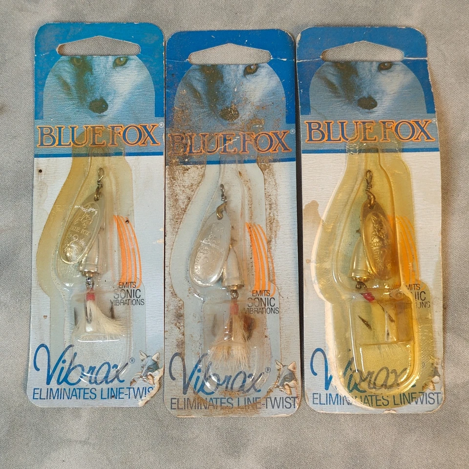 Lote de señuelos giratorios vintage Blue Fox Vibrax #2 (3) 3/16 oz Finlandia vestidos con tarjeta Foto 1 de 3