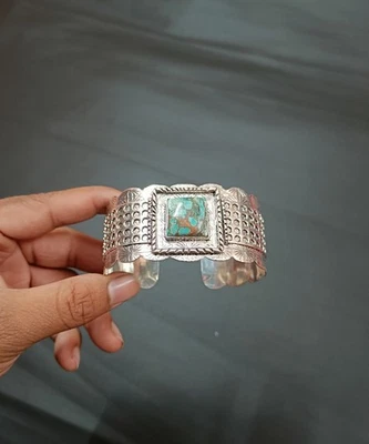 Hermoso Brazalete de Regalo Ajustable de Plata de Ley con Gemas Turquesa de Cobre Foto 1 de 4