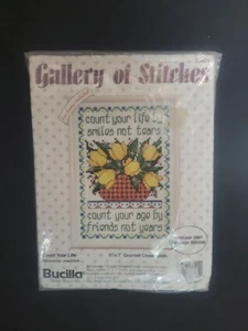 Vintage Bucilla Count Your Life Counted Cross Stitch Kit 5x7 1994 Floral Quote - Bild 1 von 4