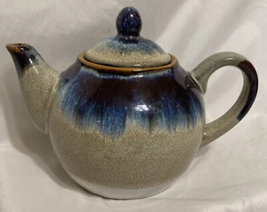 Vintage Pier 1 Imports Teapot Blue and Tan Stoneware Ceramic Drip Glaze - Picture 1 of 8