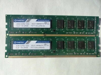 TIMETEC 8GB (2x 4GB) MEMORY DDR3 1333MHz PC3-10600 Non ECC Unbuffered  2xR8 - Image 1 of 3