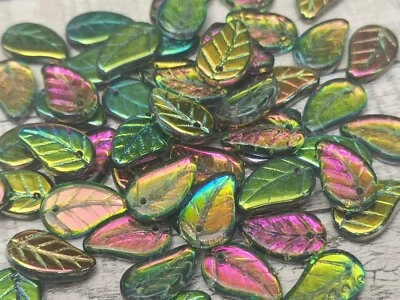 20 Czech glass leaf beads - metallic rainbow - 14 x 9 mm - Image 1 of 4