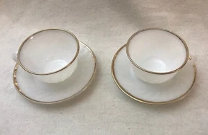 Set of 2 Anchor Hocking Fire King Milk Glass Swirl Gold Rim Cup & Saucer - Picture 1 of 10