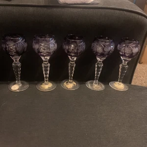 Set of 5 Purple NACHTMANN Bamberg CUT TO CLEAR Lead Crystal Wine Glass HUNGARY -