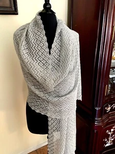 One of a Kind! Women Hand Made Crochet Silver Evening Scarf Wrap - Picture 1 of 6