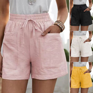 Womens Loose Linen Shorts Casual Elastic Waist Bottom Solid Short Pants Summer