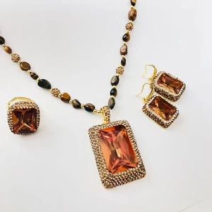 Fashion Women Crystal Gemstone Pendant Necklace Earring Ring Jewelry Set Gifts - Picture 1 of 17