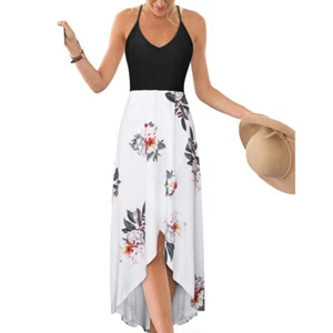 Print Kleid V-Ausschnitt Ärmellos Sling Rückenfrei Colorblock - Bild 1 von 7