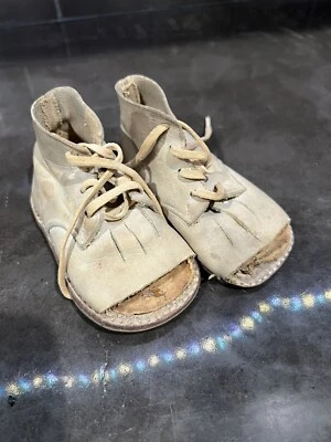 Vintage Baby Shoes Moccasins Open Toe White/Tan Brown Suede Leather Lace Tie 4” - Image 1 of 4